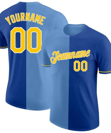 Custom Royal Yellow-Light Blue Split Fashion Performance T-Shirt, For Football, Baseball, Hockey, Basketball, Softball & Rugby Fans