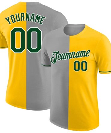 Custom Yellow Green-Gray Split Fashion Performance T-Shirt, For Football, Baseball, Hockey, Basketball, Softball & Rugby Fans