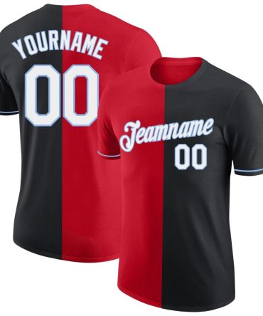 Custom Black Red-Light Blue Split Fashion Performance T-Shirt, For Football, Baseball, Hockey, Basketball, Softball & Rugby Fans