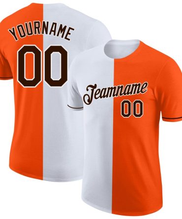 Custom Orange Brown-White Split Fashion Performance T-Shirt, For Football, Baseball, Hockey, Basketball, Softball & Rugby Fans