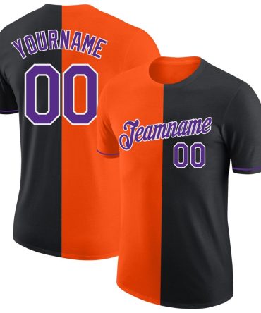 Custom Black Purple-Orange Split Fashion Performance T-Shirt, For Football, Baseball, Hockey, Basketball, Softball & Rugby Fans