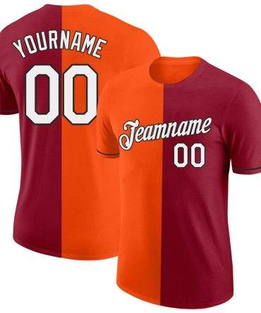 Custom Crimson Orange-Black Split Fashion Performance T-Shirt, For Football, Baseball, Hockey, Basketball, Softball & Rugby Fans