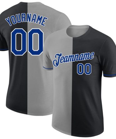 Custom Black Royal-Gray Split Fashion Performance T-Shirt, For Football, Baseball, Hockey, Basketball, Softball & Rugby Fans