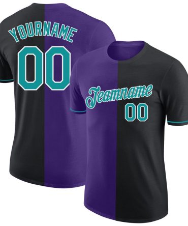 Custom Black Teal-Purple Split Fashion Performance T-Shirt, For Football, Baseball, Hockey, Basketball, Softball & Rugby Fans