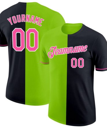 Custom Black Pink-Neon Green Split Fashion Performance T-Shirt, For Football, Baseball, Hockey, Basketball, Softball & Rugby Fans