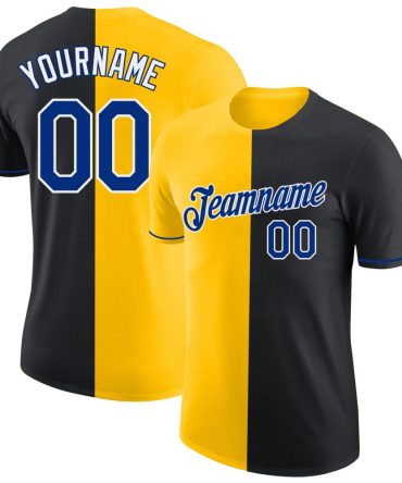 Custom Black Royal-Yellow Split Fashion Performance T-Shirt, For Football, Baseball, Hockey, Basketball, Softball & Rugby Fans