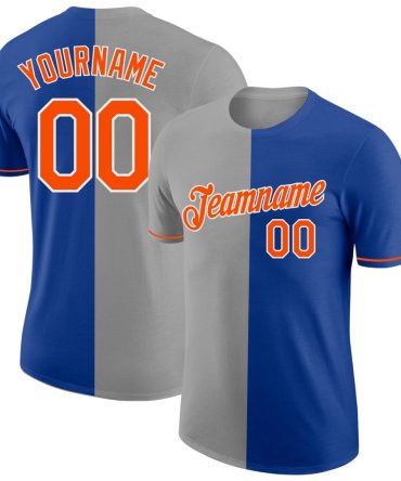 Custom Royal Orange-Gray Split Fashion Performance T-Shirt, For Football, Baseball, Hockey, Basketball, Softball & Rugby Fans