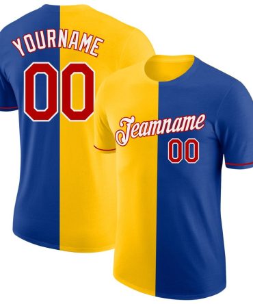 Custom Royal Red-Yellow Split Fashion Performance T-Shirt, For Football, Baseball, Hockey, Basketball, Softball & Rugby Fans