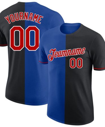 Custom Black Red-Royal Split Fashion Performance T-Shirt, For Football, Baseball, Hockey, Basketball, Softball & Rugby Fans