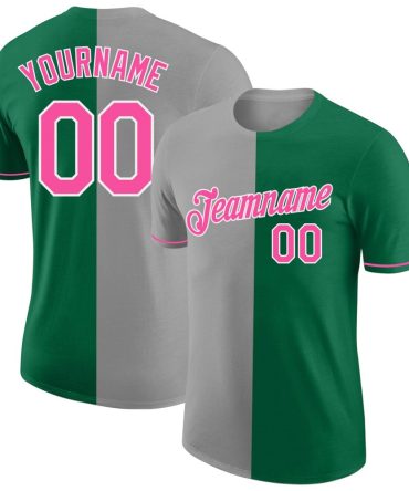 Custom Kelly Green Pink-Gray Split Fashion Performance T-Shirt, For Football, Baseball, Hockey, Basketball, Softball & Rugby Fans
