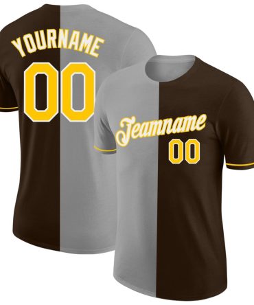 Custom Brown Yellow-Gray Split Fashion Performance T-Shirt, For Football, Baseball, Hockey, Basketball, Softball & Rugby Fans