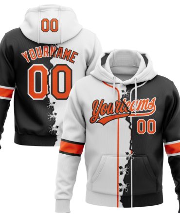 Custom Black Orange-White Split Ripped Pattern Baseball Pullover Sweatshirt Hoodie, Gift For Football, Baseball, Hockey, Basketball, Softball & Rugby Fans