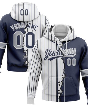 Custom Navy Gray-White Pinstripe Split Ripped Pattern Baseball Pullover Sweatshirt Hoodie, Gift For Football, Baseball, Hockey, Basketball, Softball & Rugby Fans