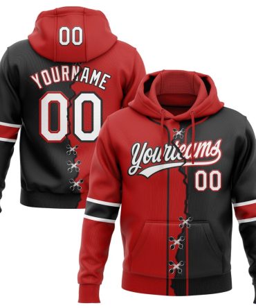 Custom Black White-Red Split Ripped Pattern Baseball Pullover Sweatshirt Hoodie, Gift For Football, Baseball, Hockey, Basketball, Softball & Rugby Fans