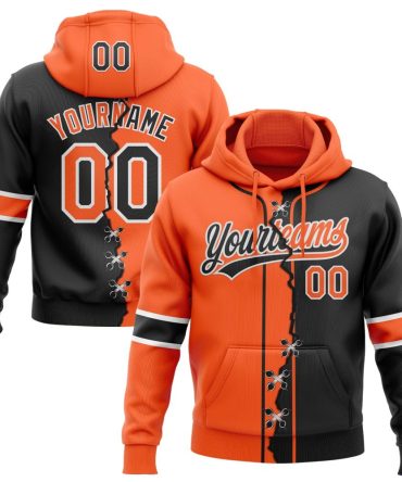 Custom Black Orange-White Split Ripped Pattern Baseball Pullover Sweatshirt Hoodie, Gift For Football, Baseball, Hockey, Basketball, Softball & Rugby Fans