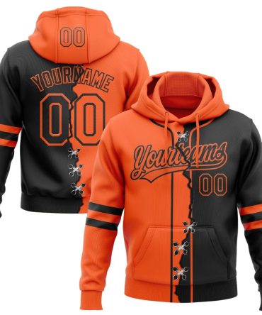 Custom Black Orange Split Ripped Pattern Baseball Pullover Sweatshirt Hoodie, Gift For Football, Baseball, Hockey, Basketball, Softball & Rugby Fans