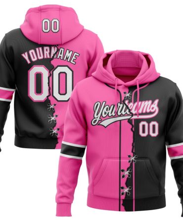 Custom Black Whte-Pink Split Ripped Pattern Baseball Pullover Sweatshirt Hoodie, Gift For Football, Baseball, Hockey, Basketball, Softball & Rugby Fans