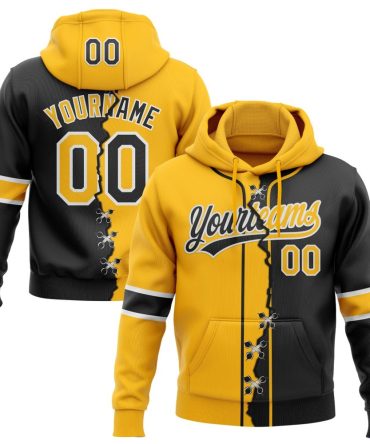 Custom Black Gold-Whte Split Ripped Pattern Baseball Pullover Sweatshirt Hoodie, Gift For Football, Baseball, Hockey, Basketball, Softball & Rugby Fans