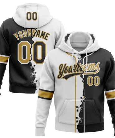 Custom Black Old Gold-White Split Ripped Pattern Baseball Pullover Sweatshirt Hoodie, Gift For Football, Baseball, Hockey, Basketball, Softball & Rugby Fans