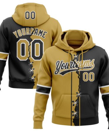 Custom Black Old Gold-White Split Ripped Pattern Baseball Pullover Sweatshirt Hoodie, Gift For Football, Baseball, Hockey, Basketball, Softball & Rugby Fans