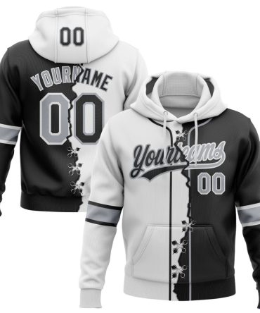 Custom Black Gray-White Split Ripped Pattern Baseball Pullover Sweatshirt Hoodie, Gift For Football, Baseball, Hockey, Basketball, Softball & Rugby Fans