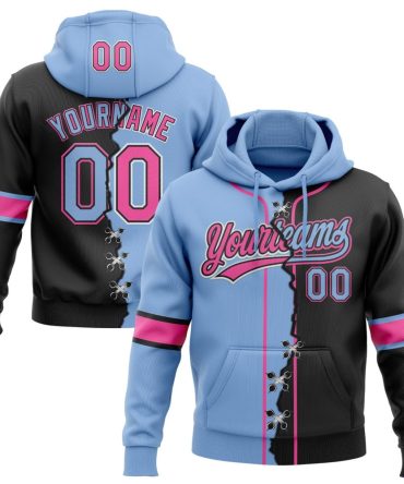 Custom Black Light Blue Pink-White Split Ripped Pattern Baseball Pullover Sweatshirt Hoodie, Gift For Football, Baseball, Hockey, Basketball, Softball & Rugby Fans
