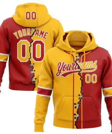 Custom Red Gold-White Split Ripped Pattern Baseball Pullover Sweatshirt Hoodie, Gift For Football, Baseball, Hockey, Basketball, Softball & Rugby Fans