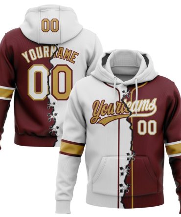 Custom Burgundy White-Old Gold Split Ripped Pattern Baseball Pullover Sweatshirt Hoodie, Gift For Football, Baseball, Hockey, Basketball, Softball & Rugby Fans
