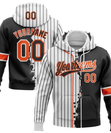 Custom White Black Pinstripe-Orange Split Ripped Pattern Baseball Pullover Sweatshirt Hoodie, Gift For Football, Baseball, Hockey, Basketball, Softball & Rugby Fans