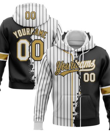 Custom White Black Pinstripe-Old Gold Split Ripped Pattern Baseball Pullover Sweatshirt Hoodie, Gift For Football, Baseball, Hockey, Basketball, Softball & Rugby Fans