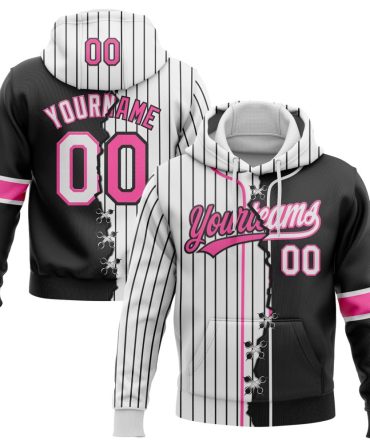 Custom White Black Pinstripe-Pink Split Ripped Pattern Baseball Pullover Sweatshirt Hoodie, Gift For Football, Baseball, Hockey, Basketball, Softball & Rugby Fans