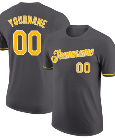 Custom Steel Gray Gold-White Performance T-Shirt, For Football, Baseball, Hockey, Basketball, Softball & Rugby Fans