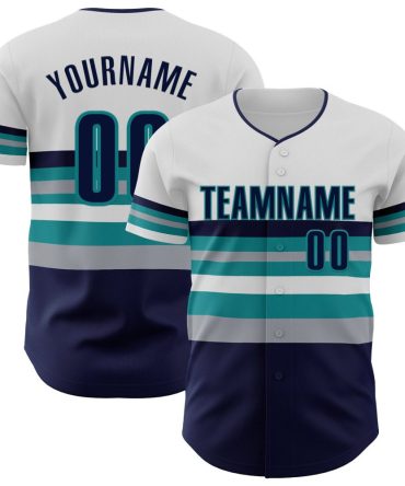Custom White Navy Gray-Teal Block Stripes Lines Seattle Style Baseball Jersey, Gift For Baseball Fans