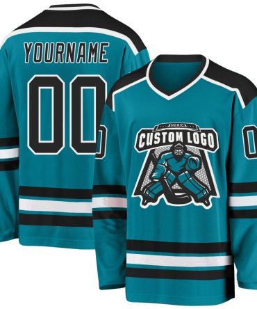 Custom Teal Black-White Hockey Jersey, Gift For Hockey Fans