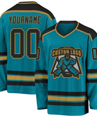 Custom Teal Black-Old Gold Hockey Jersey, Gift For Hockey Fans
