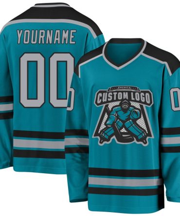 Custom Teal Gray-Black Hockey Jersey, Gift For Hockey Fans