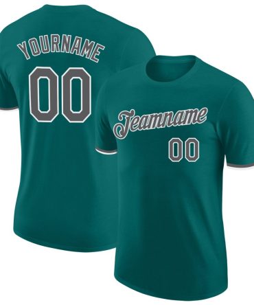 Custom Teal Steel Gray-White Performance T-Shirt, For Football, Baseball, Hockey, Basketball, Softball & Rugby Fans
