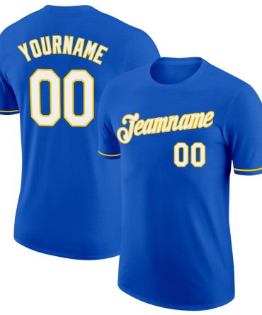 Custom Thunder Blue White-Yellow Performance T-Shirt, For Football, Baseball, Hockey, Basketball, Softball & Rugby Fans