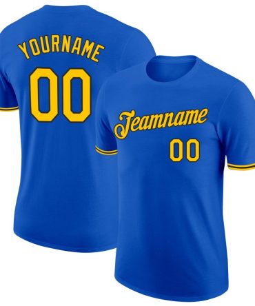 Custom Thunder Blue Yellow-Black Performance T-Shirt, For Football, Baseball, Hockey, Basketball, Softball & Rugby Fans
