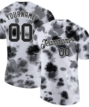 Custom Tie Dye Black-White 3D Steel Performance T-Shirt, For Football, Baseball, Hockey, Basketball, Softball & Rugby Fans