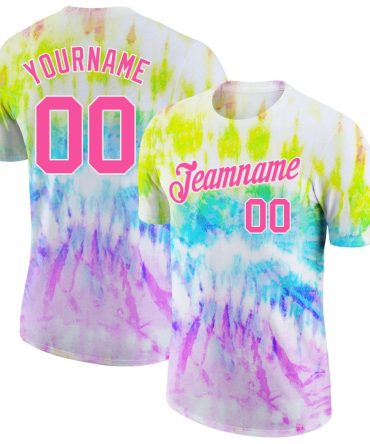 Custom Tie Dye Pink-White 3D Rainbow Performance T-Shirt, For Football, Baseball, Hockey, Basketball, Softball & Rugby Fans