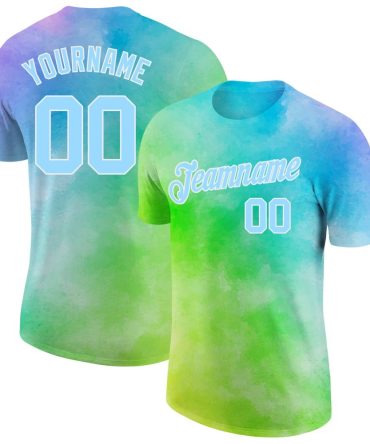 Custom Tie Dye Light Blue-White 3D Rainbow Performance T-Shirt, For Football, Baseball, Hockey, Basketball, Softball & Rugby Fans
