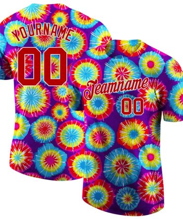 Custom Tie Dye Red-White 3D Performance T-Shirt, For Football, Baseball, Hockey, Basketball, Softball & Rugby Fans