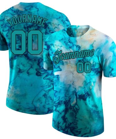 Custom Tie Dye Aqua-Black 3D Performance T-Shirt, For Football, Baseball, Hockey, Basketball, Softball & Rugby Fans