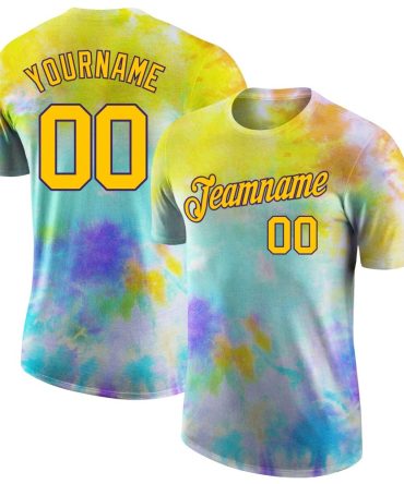 Custom Tie Dye Gold-Purple 3D Performance T-Shirt, For Football, Baseball, Hockey, Basketball, Softball & Rugby Fans
