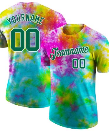 Custom Tie Dye Kelly Green-White 3D Performance T-Shirt, For Football, Baseball, Hockey, Basketball, Softball & Rugby Fans