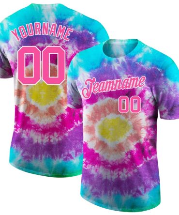 Custom Tie Dye Pink-White 3D Performance T-Shirt, For Football, Baseball, Hockey, Basketball, Softball & Rugby Fans