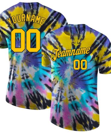 Custom Tie Dye Gold-Black 3D Performance T-Shirt, For Football, Baseball, Hockey, Basketball, Softball & Rugby Fans