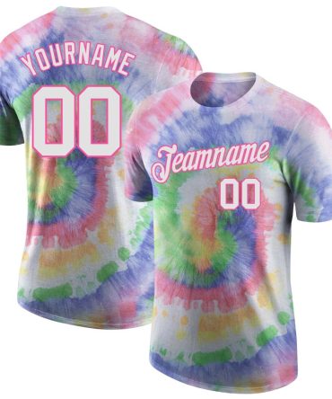 Custom Tie Dye White-Pink 3D Performance T-Shirt, For Football, Baseball, Hockey, Basketball, Softball & Rugby Fans