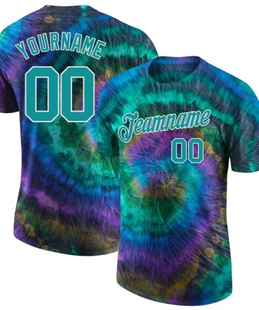 Custom Tie Dye Aqua-White 3D Performance T-Shirt, For Football, Baseball, Hockey, Basketball, Softball & Rugby Fans